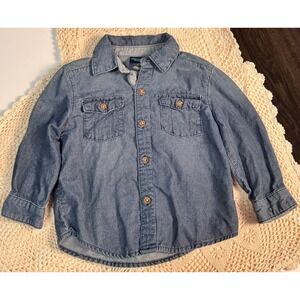 OshKosh Genuine Kids Denim Shirt Long Sleeve Button Up‎ Pockets Patches 2T